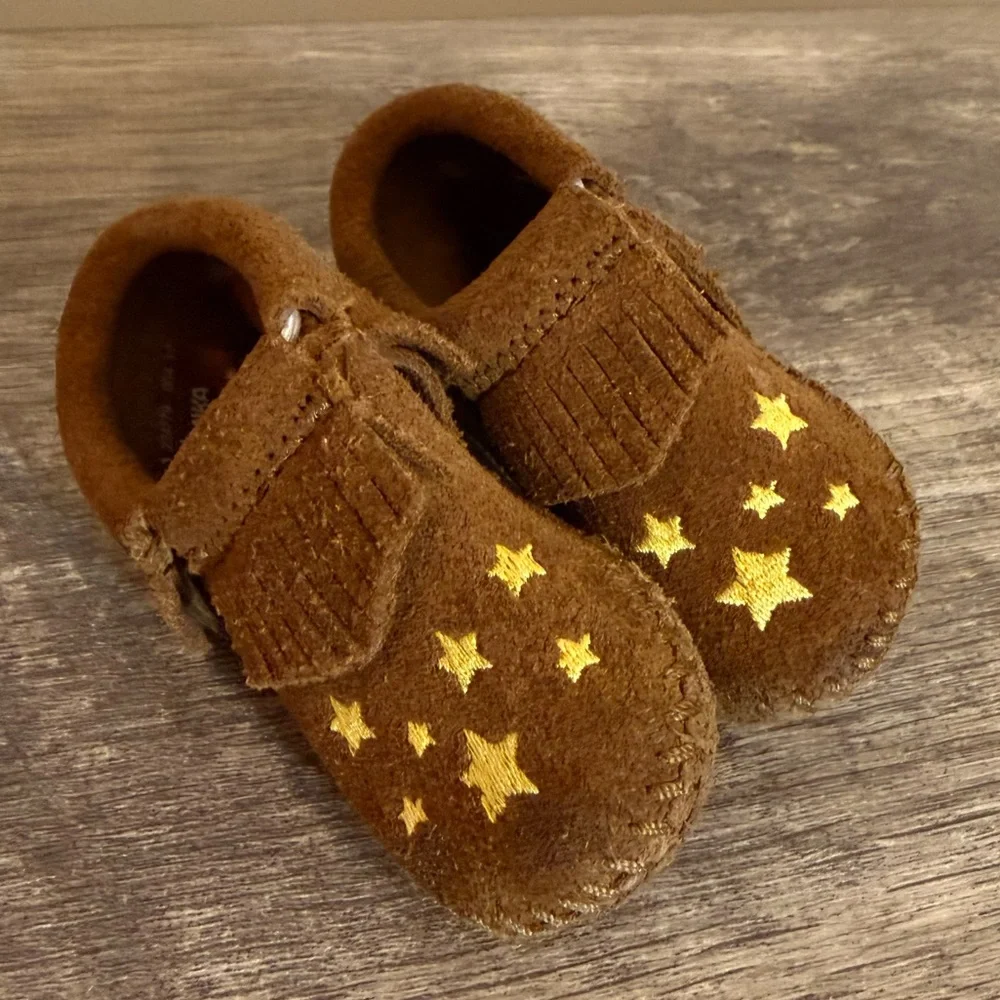 Minnetonka Brown Suede Leather Fringed Baby Booties Yellow Stars Size 3 Infant